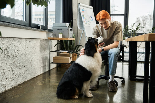 Young red haired man interacts with a friendly dog in a modern office environment