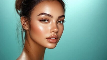 Naklejka premium Stunning Portrait of Young Asian Woman with Radiant Skin Against Aqua Background