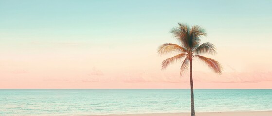 Single palm tree swaying on tranquil shoreline pastel sunset hues