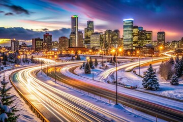 Fototapeta premium Denver Winter Skyline Panoramic: I-25 Snow Storm Long Exposure