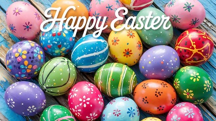 Obraz premium Vibrant Hand-Painted Easter Eggs with Unique Artistic Patterns Colorful Designs Arranged on Rustic Blue Wooden Surface with Festive Spring Elements for a Cheerful and Joyful Easter Holiday Celebration
