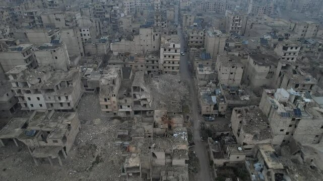 Aireal shot of Damascus, the Syrian capital, showing a neighborhood completely destroyed by the war