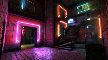 Neon-lit urban alleyway showcasing vibrant lights, stairway, and textured brick walls