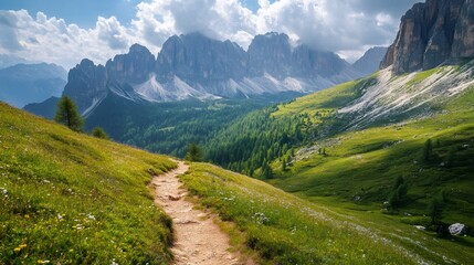 Fototapeta premium Hiking trail winding through lush green meadow in the dolomites
