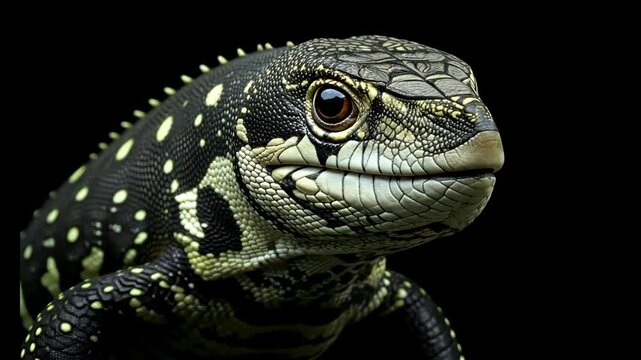 Argentine Black and White Tegu Lizard Closeup on Black Background