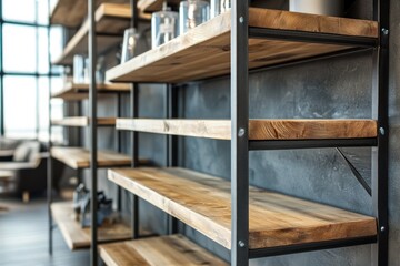 Fototapeta premium Metal industrial-style office shelving unit with wooden shelves.