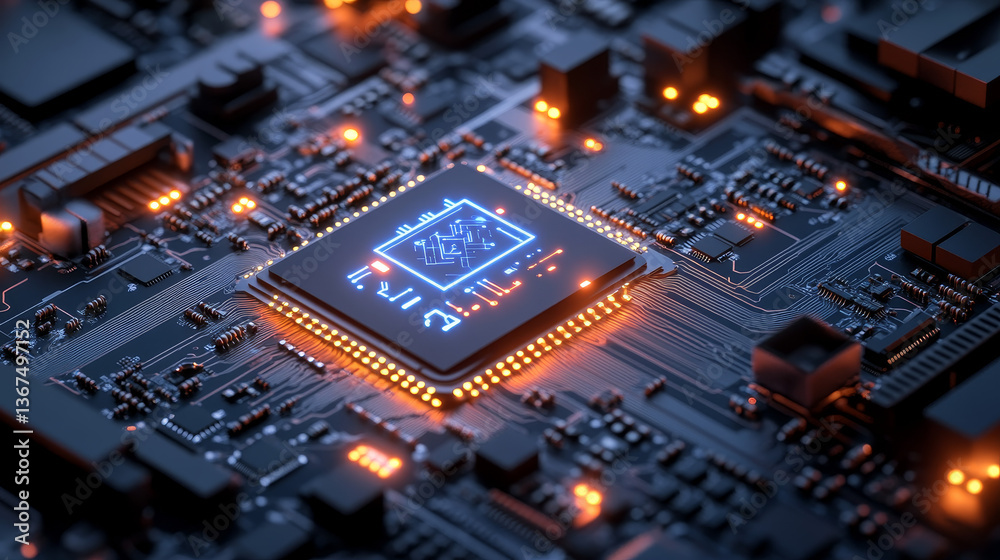 Poster 3d illustration: advanced mobile microprocessor connecting with a motherboard and activates entire s