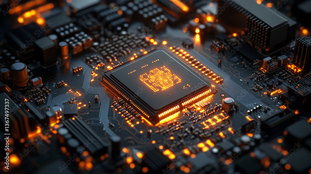 Poster 3d illustration: advanced mobile microprocessor connecting with a motherboard and activates entire s