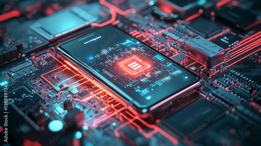 Poster 3d illustration: advanced mobile microprocessor connecting with a motherboard and activates entire s