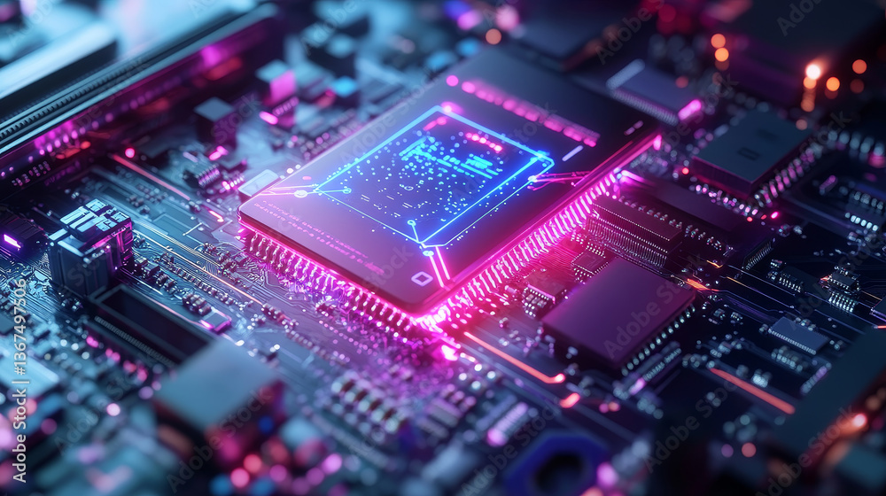 Poster 3d illustration: advanced mobile microprocessor connecting with a motherboard and activates entire s