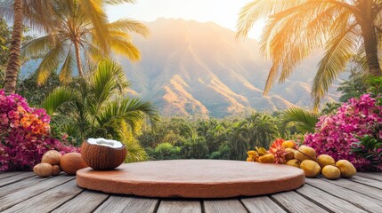 Obraz premium Tropical Relaxation Scene with Coconut and Exotic Flowers in Sunset Glow