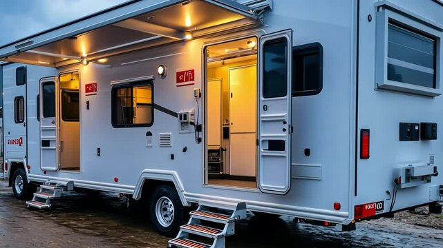 Mobile RV Oasis: A detailed exterior shot of a modern, open-doored mobile RV, revealing inviting interior illumination