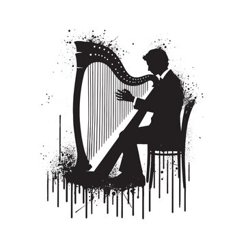 black silhouette harpist playing instrument clip art preview