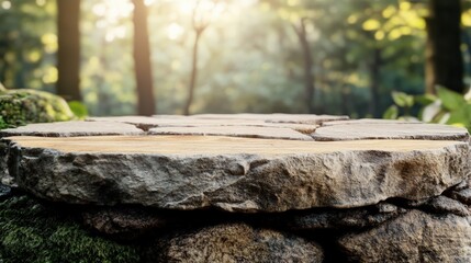 Fototapeta premium Natural Stone Table Top in Serene Forest Setting with Soft Morning Light