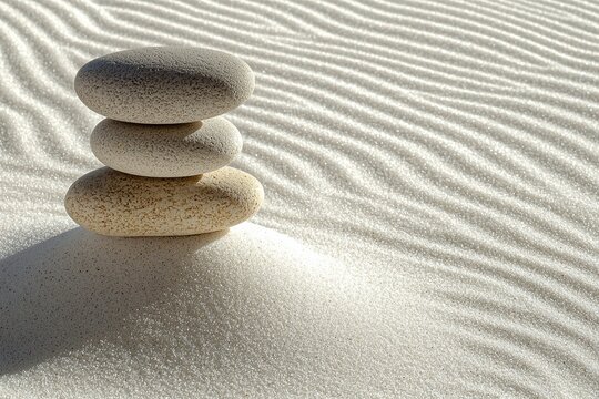 Three smooth river stones balanced on pristine white sand with shadows - Powered by Adobe