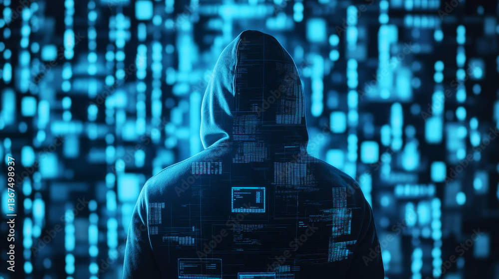 Poster hacker attacking server or database. network security, database secure and personal data protection.