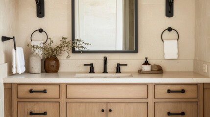 Fototapeta premium Stylish bathroom vanity featuring minimalist design with natural wood cabinetry, elegant black fixtures, and decorative elements like vase and soap dispenser, creating serene atmosphere