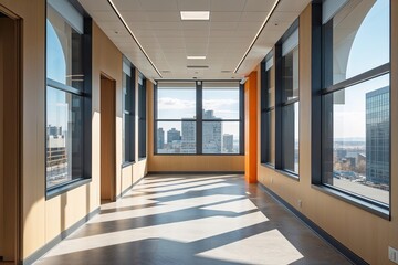 Obraz premium Tailored Architectural Design of a Bright Office Corridor Featuring Vacant Windows and a Meeting Suite