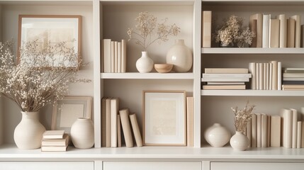 Minimalist Interior Bookshelf. Neutral Tones, Elegant Home Decor, Framed Art, Books, and Stylish Ceramic Vases. Zoom Virtual Background. Virtual Meeting. Cozy Interior Backdrop, Contemporary Spaces