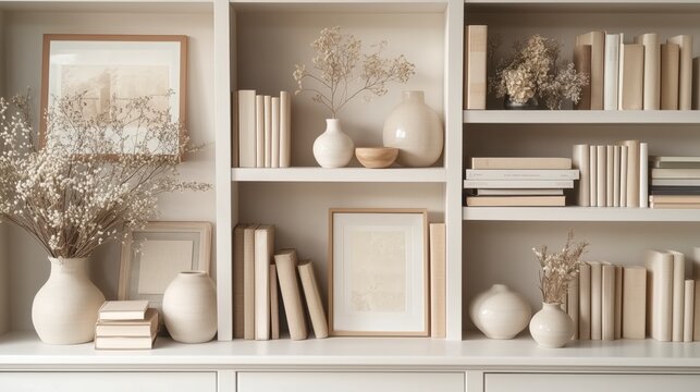 Minimalist Interior Bookshelf. Neutral Tones, Elegant Home Decor, Framed Art, Books, and Stylish Ceramic Vases. Zoom Virtual Background. Virtual Meeting. Cozy Interior Backdrop, Contemporary Spaces