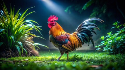 Fototapeta premium Domestic Rooster Foraging in Lush Green Grass at Night - Beautiful Night Photography