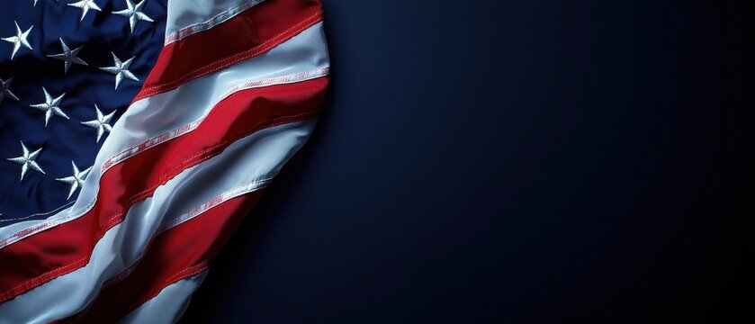 American flag draped on deep navy background with vibrant red and white
