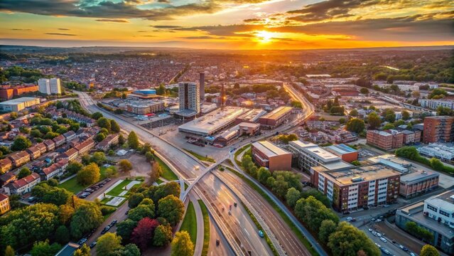 Doncaster City Centre Aerial Sunset View: Transport Links & Minimalist Architecture
