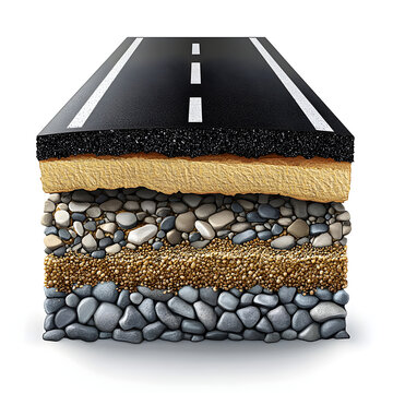Road layers showing asphalt, gravel, and sand base