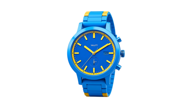 3D illustration of a blue and yellow watch with a round face png