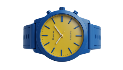 3D illustration of a blue and yellow watch with a round face png