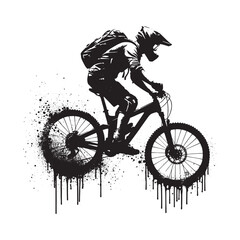 Mountain biker silhouette in action with grungy dripping stencil effect