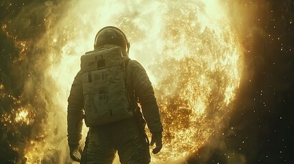Fototapeta premium Astronaut Facing Glowing Planet in Space Exploration and Discovery Theme