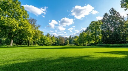 Fototapeta premium A lush green landscape under a bright blue sky with fluffy clouds, featuring trees lining the area and a well-maintained grass field, Green Technology.