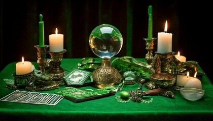 Mystical table with a violet tablecloth, crystal ball, tarot cards, candles, chalice, dagger, and incense in an enchanted atmosphere.“