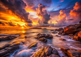 Fototapeta premium Double Exposure: Breaking Dawn, Koh Samet Rocks, Ao Noi Na Beach, Thailand