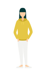 Simple illustration of a woman in a khaki-colored parka with her hands in her pockets