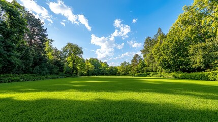 Fototapeta premium Lush green field under a bright blue sky with scattered clouds, surrounded by dense trees, creating a serene and tranquil nature scene, Green Technology.