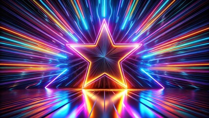 Fototapeta premium Radiant Neon Starburst A Vibrant, Futuristic Light Show with a Reflective Surface