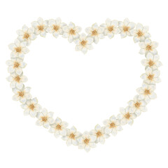 Heart shape wreath with white flower and copy space in vintage style. Handdrawn watercolor decorative festive design. Graphic drawing ideal for Easter card template. Perfect for spring holiday season.