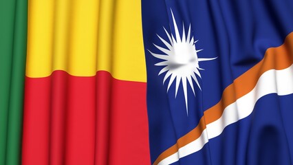 Flags of BENIN and MARSHALL ISLANDS with realistic cloth texture