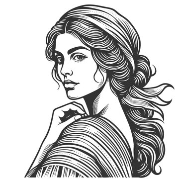 Italian woman with wavy hair and traditional features, wearing a draped garment in classic style sketch engraving generative ai fictional character vector illustration. Scratch board. Black and white.