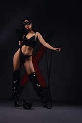 Woman Posing With Whip and Mask prepared for sexual bdsm game