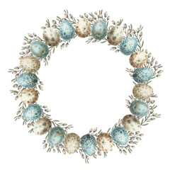 Easter wreath with egg and wildflower in vintage style. Hand drawn watercolor decorative festive design. Graphic circle frame with bow for greeting card template. Perfect for spring holiday season.