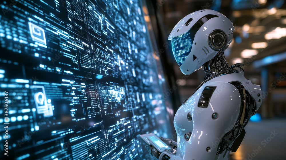 Poster isometric artificial intelligence robot helps in working with the database concept. artificial intel