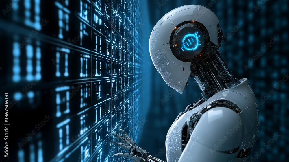 Aufkleber isometric artificial intelligence robot helps in working with the database concept. artificial intel