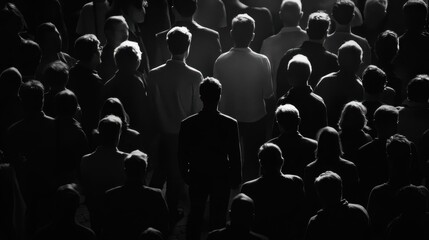 Obraz premium Colorful silhouette of person standing in monochrome crowd of different people,surreal unique and different concept,loneliness in society,shadow,freedom,Love,be yourself,Stand out from the crowd.