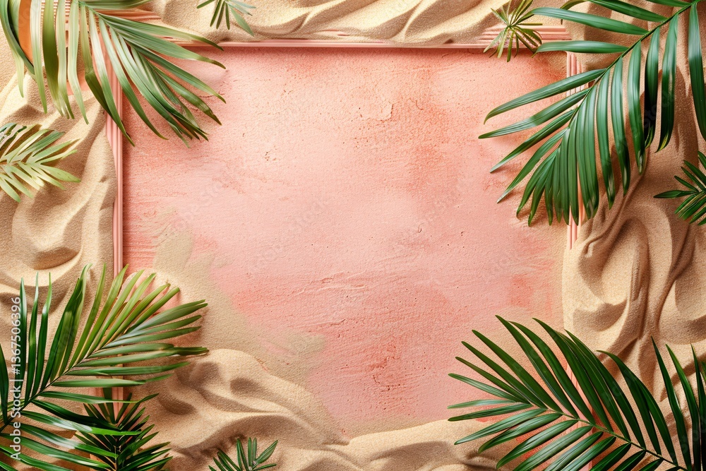 Poster pink background framed with sand and palm leaves creating a summer composition
