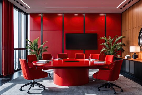 Minimalist Bright Red Briefing Room Design with Striking Furniture and Abundant Natural Light