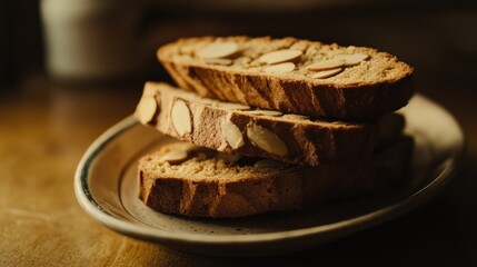 Stacked biscotti on plate, wooden table