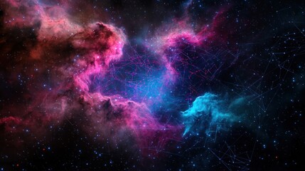 Vibrant cosmic nebula with swirling pink and blue gases against a starry backdrop